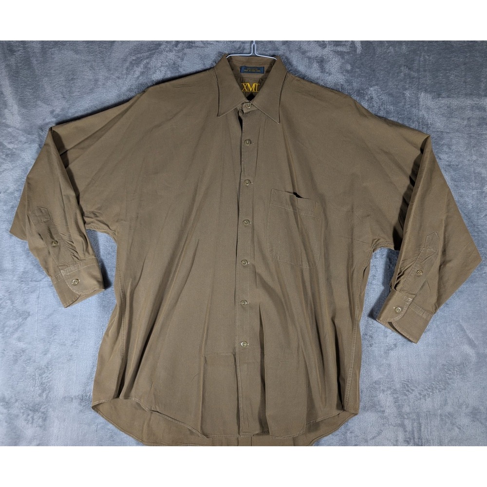 XMI Men's Olive Brown 100% Cotton Long Sleeve Button Down Shirt Size 16/34 VTG